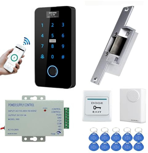 YAVIS Kit Zugangskontrollsystem Türöffner TYA WiFi, Touch-Tastatur mit Bildschirm wasserdichtem Fingerabdruck WG26/34, RFID 125KHz 13,56MHz, NC elektrisches Türschloss, Netzteil, Türglocke, Schlüssel