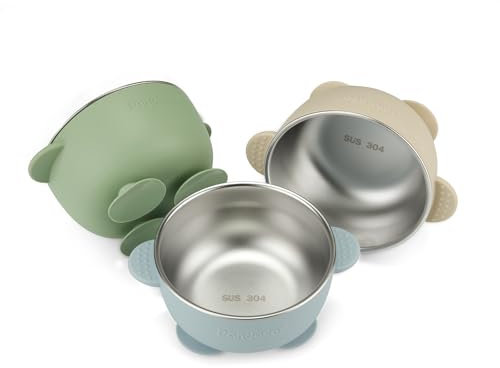 PandaEar 3er Set Edelstahl Baby Schüsseln mit Saugnapf – Breischale für Babybrei & Porridge, Rutschfeste Babyschüsseln mit Silikonhülle, Unzerbrechlich & BPA-frei, Kinderschüssel ab 6 Monaten