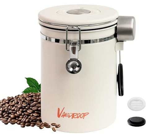 vandroop Lata de café hermética de acero inoxidable de 1800 ml, recipiente con cuchara medidora con fecha para café molido, granola, té, cereales, beige