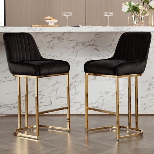 Ya-Home Barhocker 2er Set Barstuhl aus Samt tresenhocker mit goldenem metallbein gepolstert bistrohocker mit Rückenlehne Thekenhocker ohne armlehne für Kücheninsel/Hausbar, Schwarz