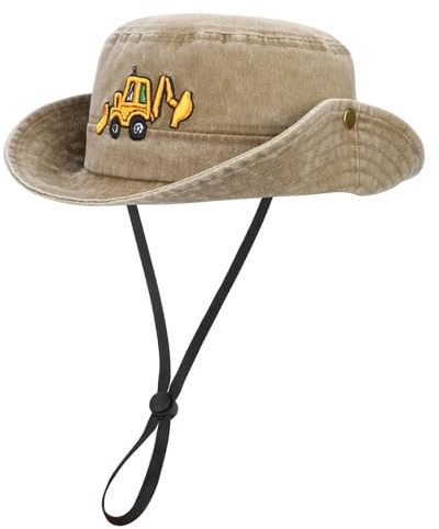 QKURT Sombrero para el Sol para Niños, Sombrero Tipo Pescador con Protección Solar para el Verano, Correa Ajustable y Desmontable para el Cuello, Gorra de Vaquero con Patrón de Excavadora de 2-4 Años