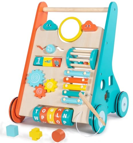 Wooden Baby Walker with Wheels, Walker for Baby Boys 12 Months Push Toy, Sit to Stand Activity Walker Learning to Walk