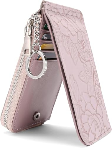 Wjelet Slim Credit Card Holder for Women Leather Bifold RFID Blocking Ladies Purse, Multi Card Case Zipper Coin Purse with Key Ring and ID Window
