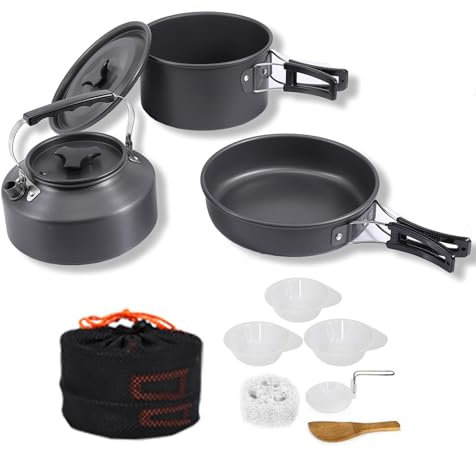 Utomhus Camping Köksredskap Set - Rostfritt stål Vattenkokare, Stekpanna, Camping Köksredskap Gryta Stekpanna Set Värmebeständig Non-Stick Lätt grytset Utomhus köksredskap Grön/143(Black)