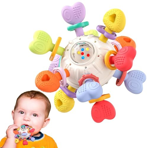 Infinno Jouet Dentition& Hochet Bébé 0-12 Mois – Jeux Multi-fonction en Silicone Sans BPA – balle Sensoriel Coloré pour Soulager les Gencives–cadeau naissance Fille & Garçon (moyen)