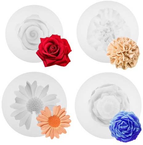 4 Pcs Moule Bougie Silicone, Moule Silicone Bougie Fleurs 3D, Moules à Bougies en Silicones, Moules à Fleurs Pivoine pour Savon Chocolat Gâteau Fondant DIY, Décorations de Fête Anniversaire Mariage