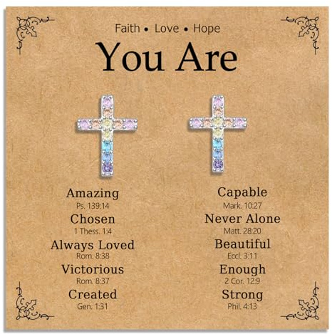 EPIRORA Cross Stud Earrings for Girls, White Gold Plated Hypoallergenic Colorful CZ Tiny Earrings Jewelry, Christian Religious Gifts for Communion, Confirmation, Baptism, Christmas, Birthday