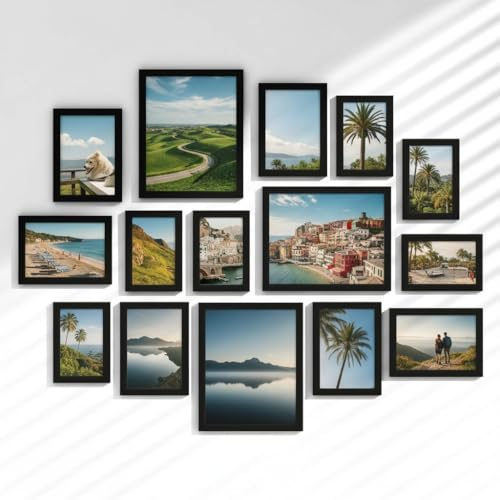 LVAOUO Set of 15 Picture Frames，Photo Frames Multiple Pictures | Three A4,Six 5 x 7 Inches(13 x 18 cm), Six 4 x 6 Inches(10 x 15 cm), Wooden Material for Family DIY Photos，Black