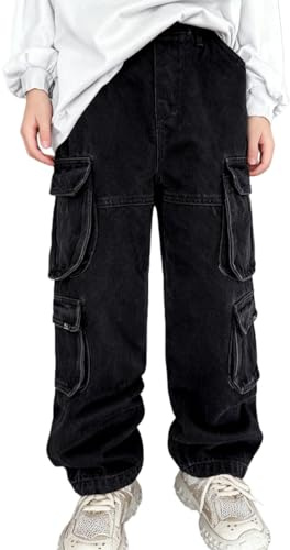 Rolanko Jeans Larghi per Ragazzi, Gamba Larga Vita Elastica Pantaloni Cargo in Denim con Tasche per Bambini, Nero, Taglia: 170/13-15 Anni