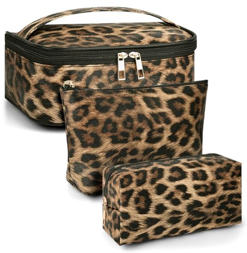 Adiwo Leopardtryck toalettväska för kvinnor, leopardtryck, makeupväska, stor toalettväska med dragkedja, premium nylon, flera fack multifunktionell organiserare för kvinnor flickor, 3 st, Leopardtryck