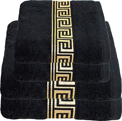 Julie Julsen 4 TLG Handtuchset 2 Badetücher 2 Handtücher Chemikalien-Frei 600g/m² Schwarz-Gold 100% Baumwolle - Oeko TEX Std 100 Zertifizierung - Weich und Saugstark - Waschmaschinenfest