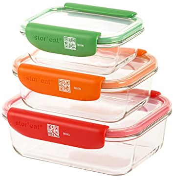 mastrad - Boîte de Conservation Alimentaire Connectée Stor'Eat - Verre Borosilicate Résistant - Sans BPA - Lot De 3-370, 640 Et 1040 ml
