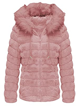 Geschallino Chaqueta de Piel Sintética Reversible para Mujer con Capucha Abrigo Acolchado de Invierno con Cuello de Piel 19225 Rosa M