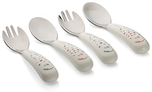MiaMia Kinder und Baby Besteck Set - sicheres, geprüftes und lebensmittelechts Babybesteck aus Edelstahl mit handlichen Griffen - Creme Weiß (ab 12 Monate (4 Teile))