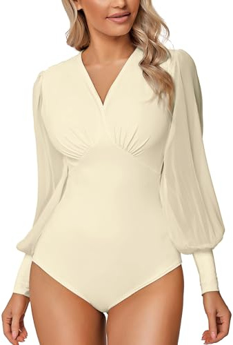 Litherday Body Donna Elegante con Scollo a V e Maniche Lunghe Sbuffo in Tulle – Body Sexy Elasticizzato Aderente per Festa Cerimonia Moda, Pesca, M