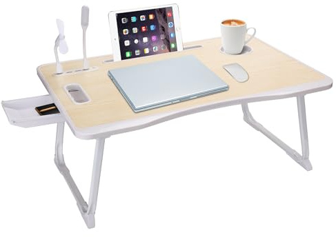 Table de lit USB pour Ordinateur Portable, Plateau Pliable avec Port de Charge USB, poignée, Fente pour Carte de Bureau/Tasse, tiroir latéral, Support Portable pour Manger, Lire, Travailler, Camping