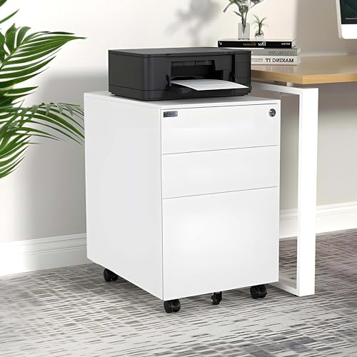 Makika Rollcontainer abschließbar mit Schubladen 39x50x60 cm - mit 5 Rollen und Hängeregistratur - Aktenschrank Bürocontainer Standcontainer Büroschrank Rollschrank Schubladenkommode Weiß