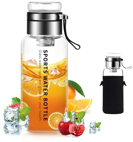 Glasflasche 1 liter /1l - 1,2 liter - Wasserflasche Trinkflasche Glas mit Neoprenhülle - Glastrinkflasche mit Edelstahl-Sieb, Glasdeckel als Becher verwendbar, für Wasser & Getränken (1200ml)