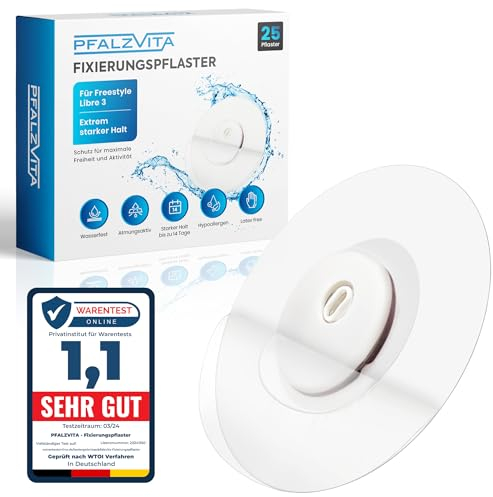 PFALZVITA® Freestyle Libre 3 Pflaster - 25er Premium Wasserfest Fixierpflastern für Freestyle Libre 3 Sensor - Hautfreundlich selbstklebend Extra Halt 14 Tage ohne Kleber in der Mitte (Transparenz)