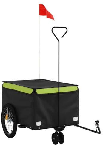 vidaXL Bike Trailer-Cargo Carrier - Iron Frame, Oxford Fabric, 30 kg Load, Black/Green, Tow Bar & Safety Flag Included, Assembly Required