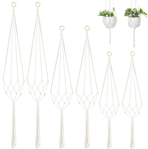6 Stück Makramee Blumenampel, Baumwollseil Hängeampel für Pflanzen, Pflanzkorb Hängender für Innen Außen Decken Balkone Wanddekoration (Weiß)