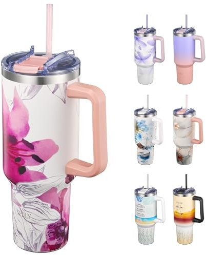 THILY Edelstahl-Isolierbecher 1180ml mit Griff – Vakuumisolierter Reisebecher, Dichtschließender Deckel, 34h Kalt & 12h Warm, Spülmaschinenfest, Inkl. 2 Strohhalmen + Bürste, Lotusblume