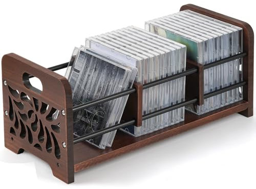 QILICZ CD Ständer Holz CD und DVD halter,CD Box zur Aufbewahrung, Organizer mit Griffen, Skelett Blume Design auch für Zeitschriften Bücher