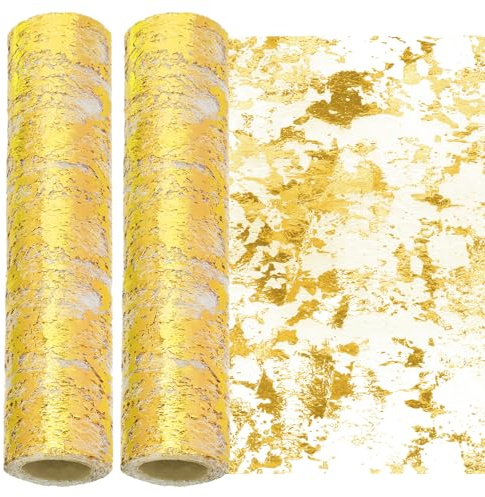 Swpeet 2 Piezas Camino de Mesa de Lentejuelas Doradas con Purpurina de 11 x 108 Pulgadas, Rollos de Decoración de Malla Fina Metálica con Purpurina Dorada, Camino de Mesa Dorado, Malla Fina Metálica