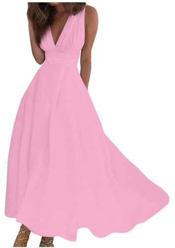 Abito da donna, lungo, estivo, per feste, maxi abito da sera, elegante, con scollo a V, per il tempo libero, per feste, da ballo, romantico, da sera, a tunica, Colore: rosa., m