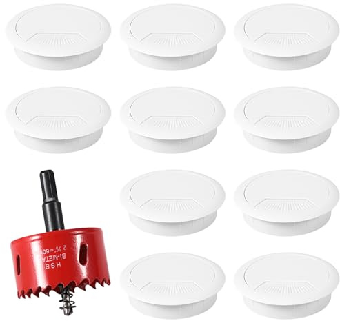 Kabeldurchführung Schreibtisch, 10 Stück Kabeldurchlass Kabelauslassdose, 60mm Kabeldurchlass mit 1 Stück Kabeldurchführung Tisch Rund für Tisch Büro Arbeitsplatten (Weiß)