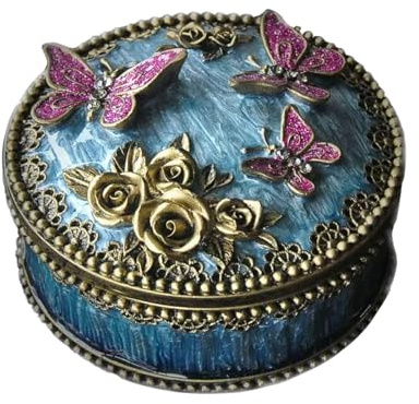 KINBENNOBLE Round Resin Jewellery Box, Vintage Blue Enamel Trinket Box.