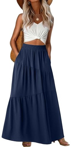 GRECERELLE Damkjol, sommar, långa flytande kjolar, hög midja, boho A-linje, lång kjol, sommarkjol, eleganta strandklänningar med fickor, Marinblå, XL