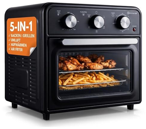 Sommertal Minibackofen 20 Liter mit Umluft & Heißluftfritteuse, Mini Backofen 1800W zum Backen, Grillen & Pizza, Tischbackofen klein mit Airfryer Funktion, 100–230°C, 60 Min. Timer, inkl. Zubehör
