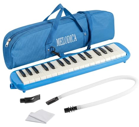 32 Key Melodica Instrument, Soprano Air Piano Keyboard Pianica with 1 Long Tubes, Portable Keyboard with Carrying Bag for Beginners, Students & Music Lovers (Blue)