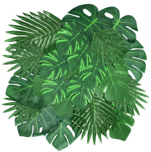 Becellen 50 Piezas Hojas Decorativas Artificiales, Hojas de Monstera y Hojas de Palma Tropicales Artificiales para Decoración de Fiesta Luau Hawaiana de la Selva, Boda, Cumpleaños