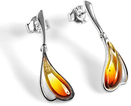 HENRYKA Sunset Amber Teardrop Dangle Earrings - 925 Solid Sterling Silver & Baltic Amber | Stunning & Elegant Two-Tone Design | Lovely Meaningful Gift for Her | 25 mm x 8 mm | Hypoallergenic Accessory