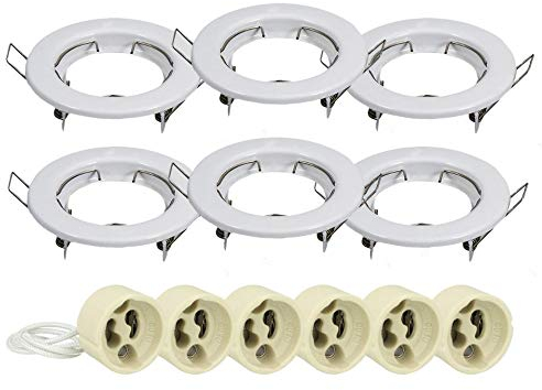 LEDLUX 6 Pezzi Porta Faretto Led Da Incasso, Rotondo Fisso Con Molla, Foro 60mm, 6 Portalampade GU10 Inclusi (Bianco)