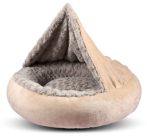 GASUR Small Dog & Cat Bed, 23'' Donut Pet Bed Mat with Hooded Blanket, Anti-Anxiety Burrow Cave Bed, Cozy Puppy Bed, Machine Washable, for Indoor Pets up to 20lbs