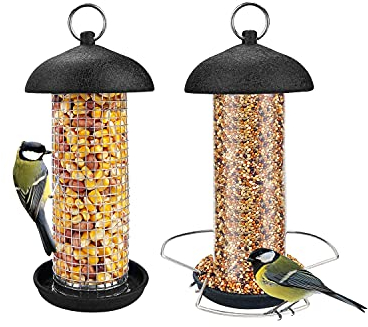 Urban Deco Bird Feeders for Small Birds Hanging Bird Feeder 2 Set Metal Tube Mixed Seed Feeder with Hanger Peanut Feeder for Garden Outside Yard for Attracting Wild Birds (𝐁𝐥𝐚𝐜𝐤-𝟐 𝐏𝐚𝐜𝐤)