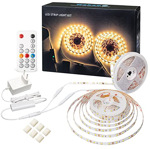 WOBANE 10m LED Strip Warmweiss Dimmbar, 3000K LED Lichtband mit RF Fernbedienung,Flexibel 12V LED Streifen mit Timing Modus, 600 LEDs Warmweiß Leiste für Unterschrank,Schlafzimmer Deko,Party,2 polig