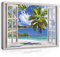 Wandbilder Fensterblick Strand Meer Palmen - Modern Canvas Leinwandbild XXL Illusion Fenster Schlafzimmer Wohnzimmer Wandbild Kunstdruck Bilder Wand Bild auf Leinwand Aufhängefertig (14053, 120x80 cm)