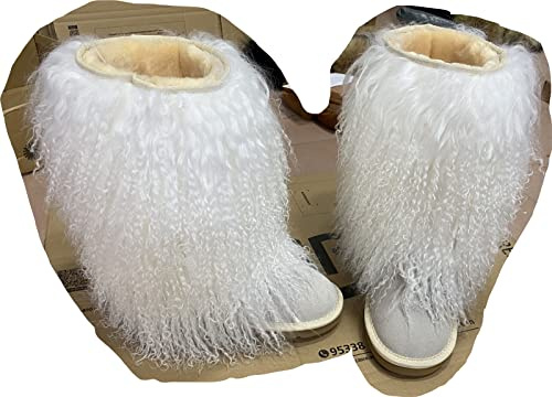 Real Mongolian sheep fur tall boots fluffy women boots lamb fur booties fashionable ladies boots (White, US, Adult, Women, 9, Numeric, US Footwear Size System, Medium)