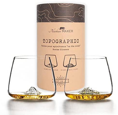 Alaskan MAKER Verres à Whisky 350ml (lot de 2) - Borosilicate de qualité supérieure soufflés artisanalement avec les montagnes en relief | Forme Tulipe | Spiritueux TOPOGRAPHIC (Fuji & Denali)