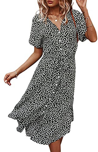 Miolasay Women Summer Floral Button Up Loose Dress Lapel Short Sleeve Casual Front Tie Bohemian Beach Party Midi Dress (A-Black, L)