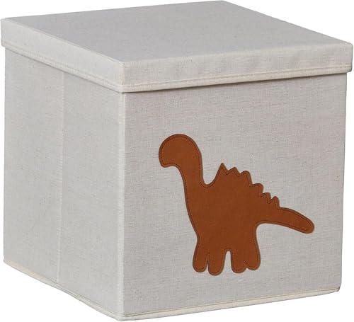 LOVE IT STORE IT - Premium Cubo Portaoggetti Con Coperchio - In Cotone-Lino - Pieghevole - Rinforzi In Legno - Compatibile Kallax - 30x30x30 cm - Fantasia A Dino, Beige