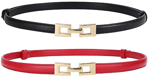 Doneboo 2-pack smala läderbälten för kvinnor klänningsbälten tunn midjebälte med guldspänne justerbart dambälte, Svart/rött, Waist Size below 43 inche