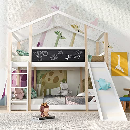 Dolamaní Cama de casa con tobogán y escalera, cama alta de 90 x 200 cm, litera con tobogán y escalera, cama alta para niños, 2 somieres, color natural y blanco