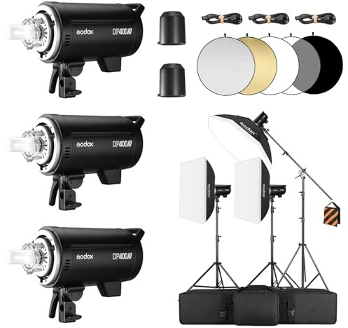 Godox 3Pack DP400III 1200W Studio Strobe Flash Lighting Kit with 3* Light Stand 3* Grid Softbox 1 * 5-in-1 Reflector 1* Bag for Portrait Photography Studio Shooting