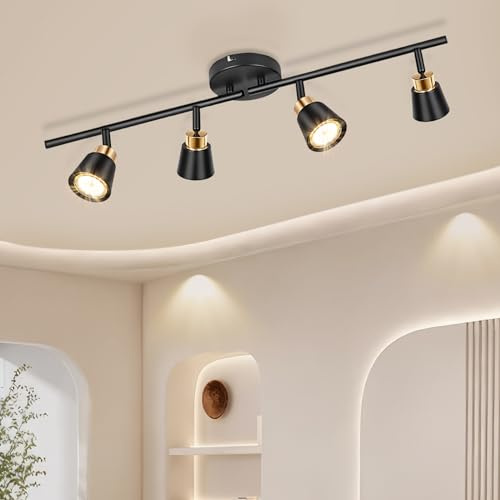 GORDNWE Track Lighting Fixtures Ceiling: LED Spot Lights Indoor 4 GU10 Flexible Heads Black Vintage Adjustable Compatible with Dimmable Bulbs Overhead Directional Lights Foldable for Kitchen Hallway