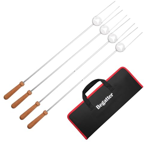 Begatter Heavy Duty Hot Dog Roasting Sticks for Campfire, Extendable Marshmallow Sticks for Fire Pit, 32 Long Smores Sticks, Stainless Steel Skewers for Hotdogs and Smores, Beech Wood Handle, 4 Pack